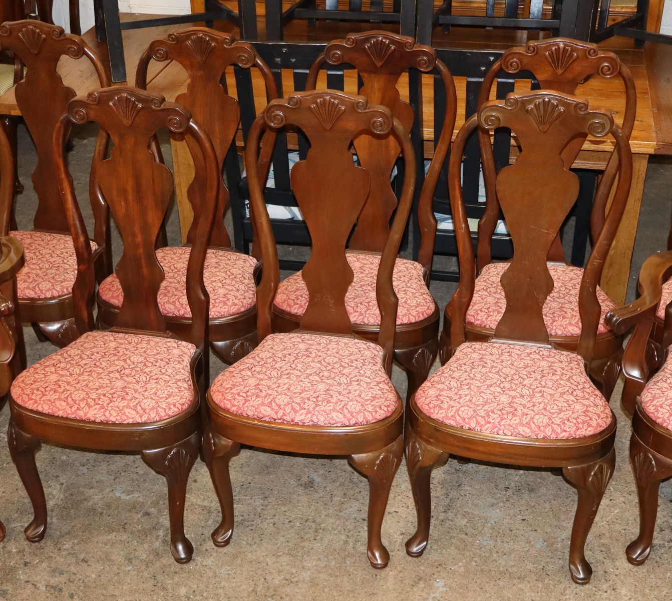 Set 10 Georgian QA shell carved mah dining chairs