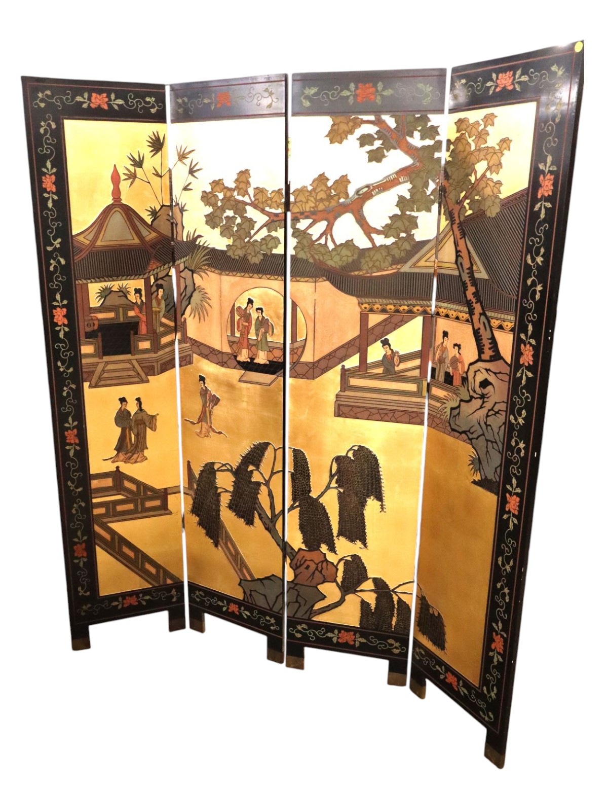 Vintage 4 section Asian decorated room screen