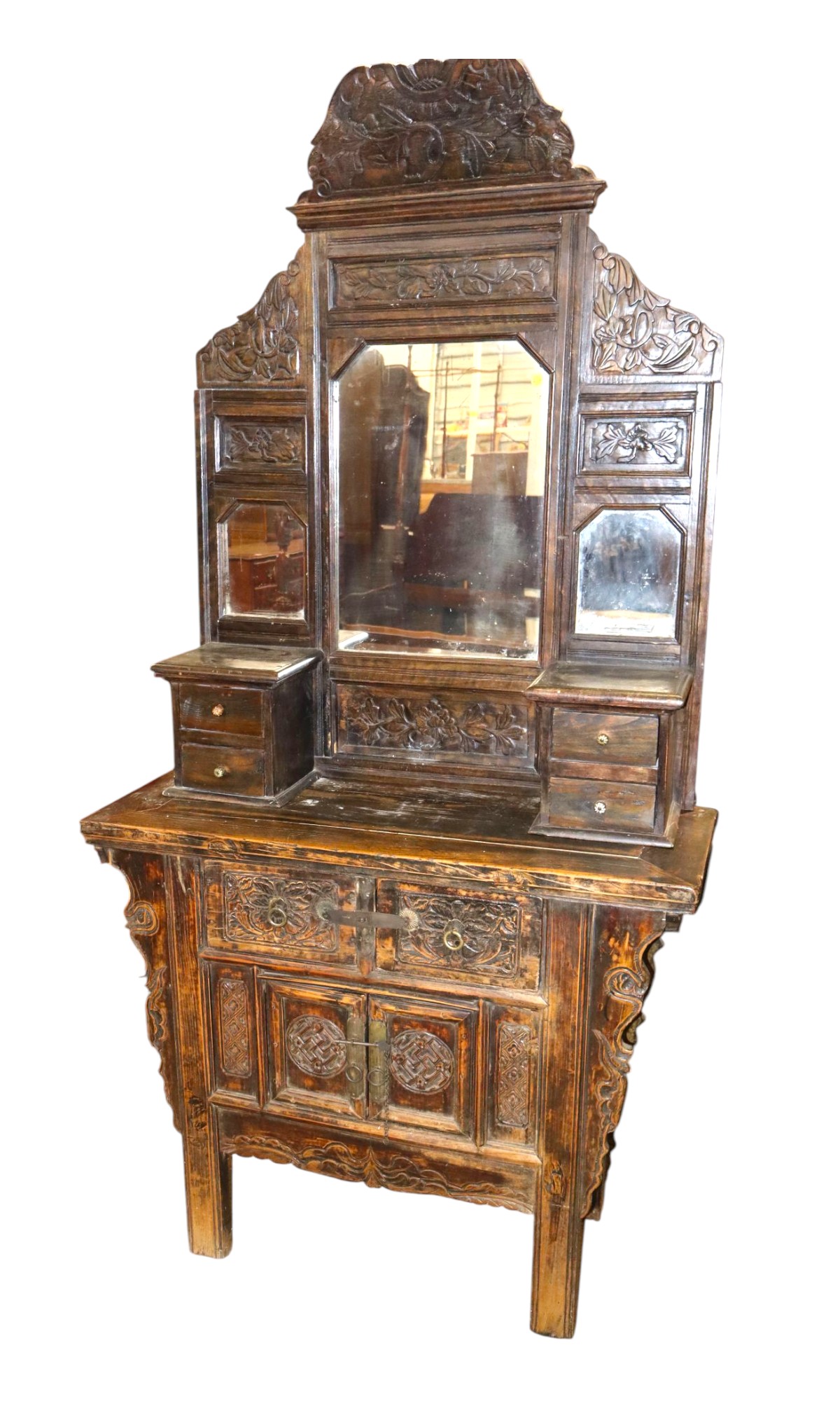 Ant. 2 part Asian hardwood server orig stamp & mirror