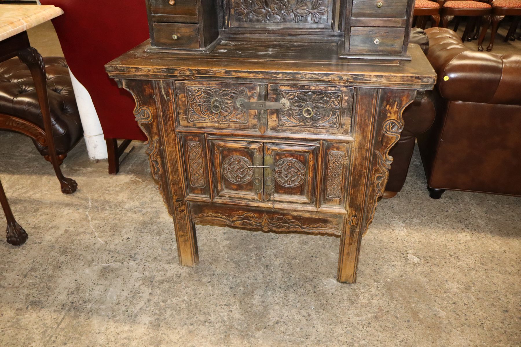 Ant. 2 part Asian hardwood server orig stamp & mirror