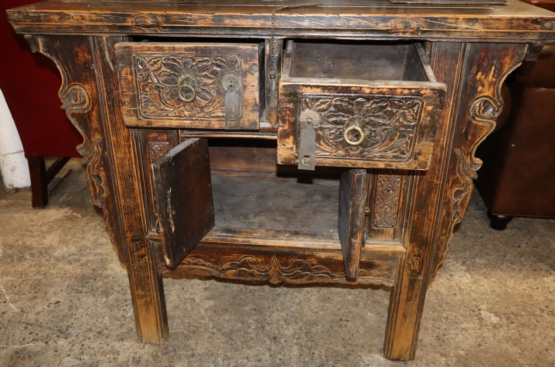 Ant. 2 part Asian hardwood server orig stamp & mirror