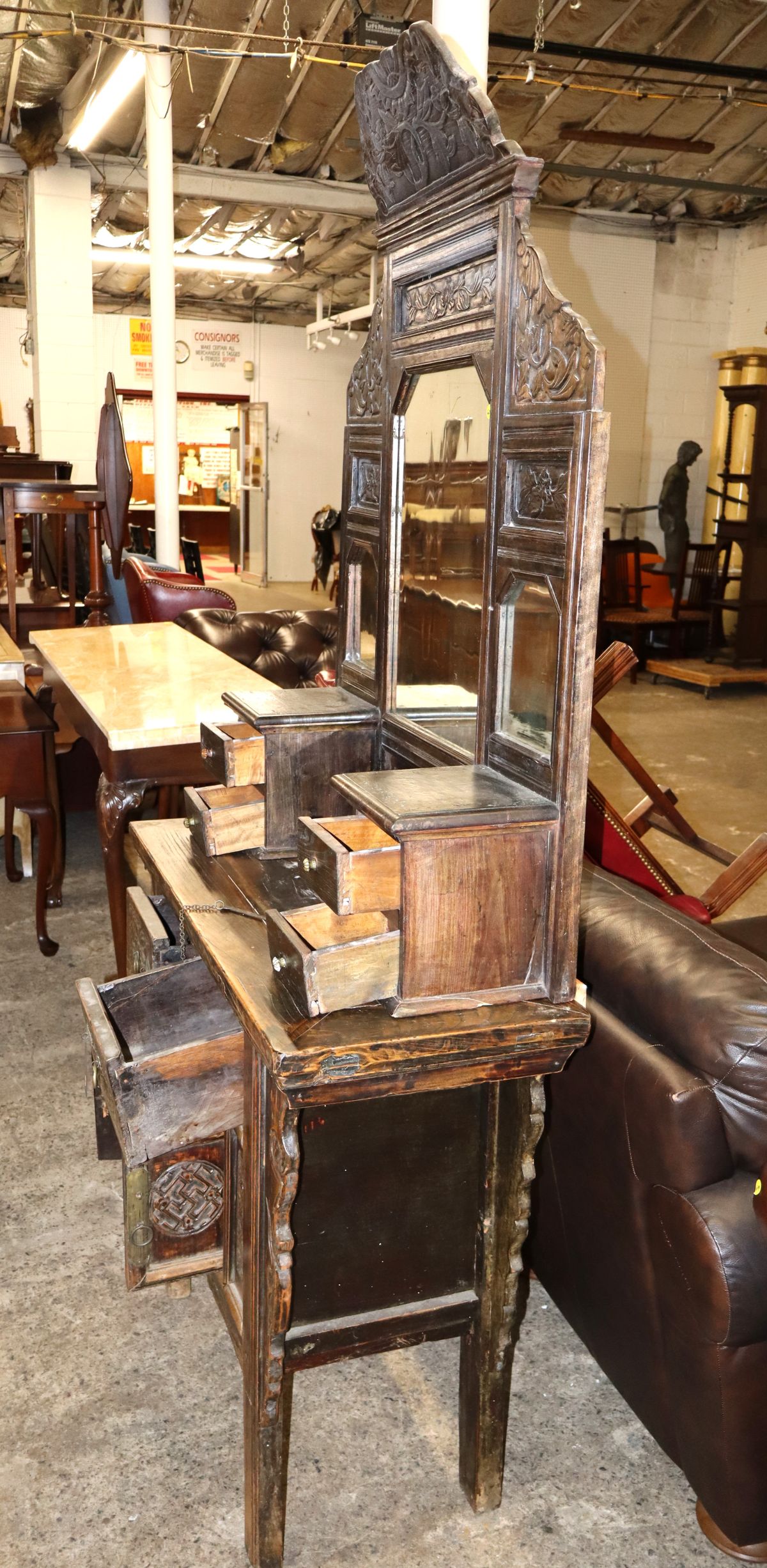 Ant. 2 part Asian hardwood server orig stamp & mirror