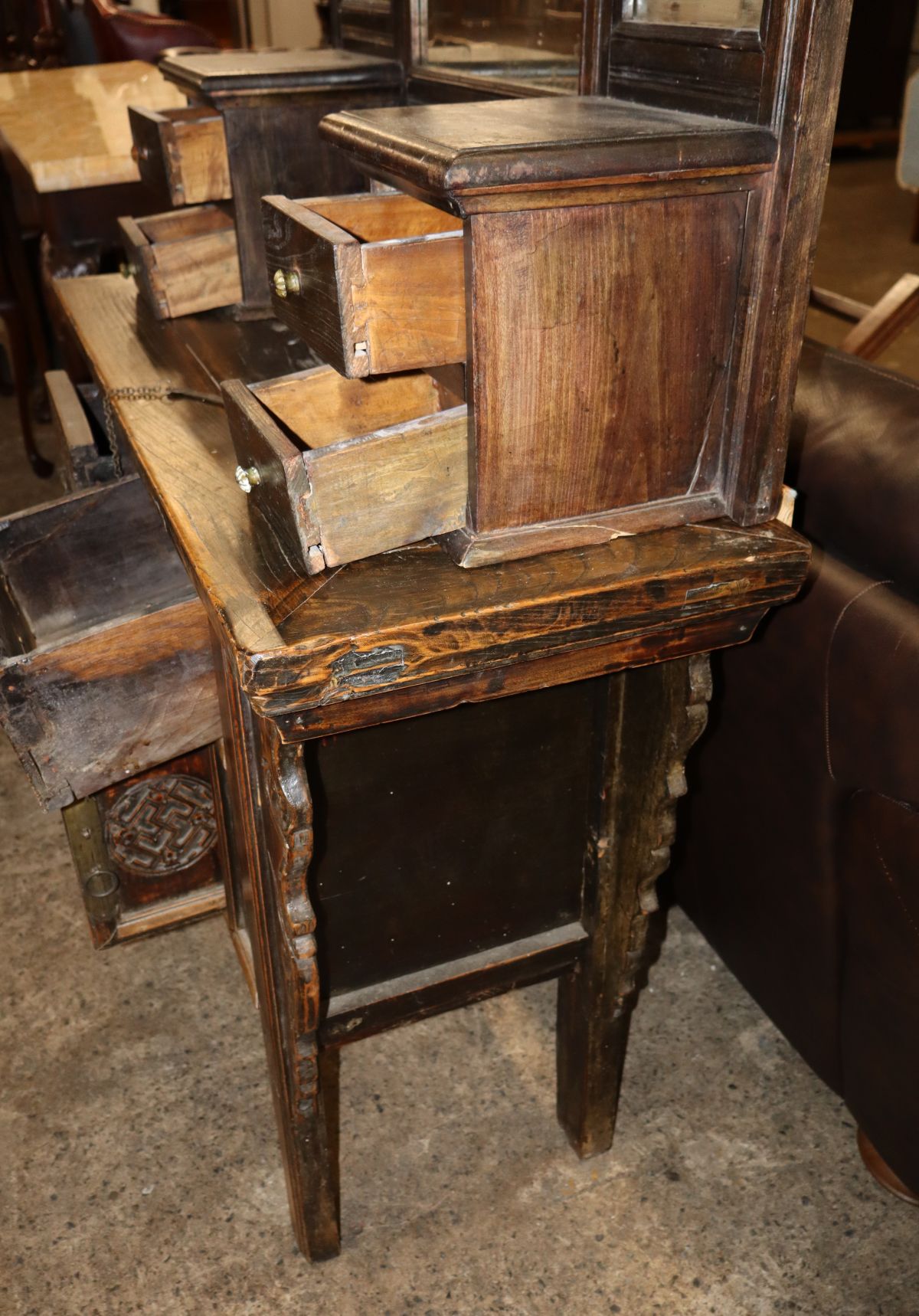 Ant. 2 part Asian hardwood server orig stamp & mirror