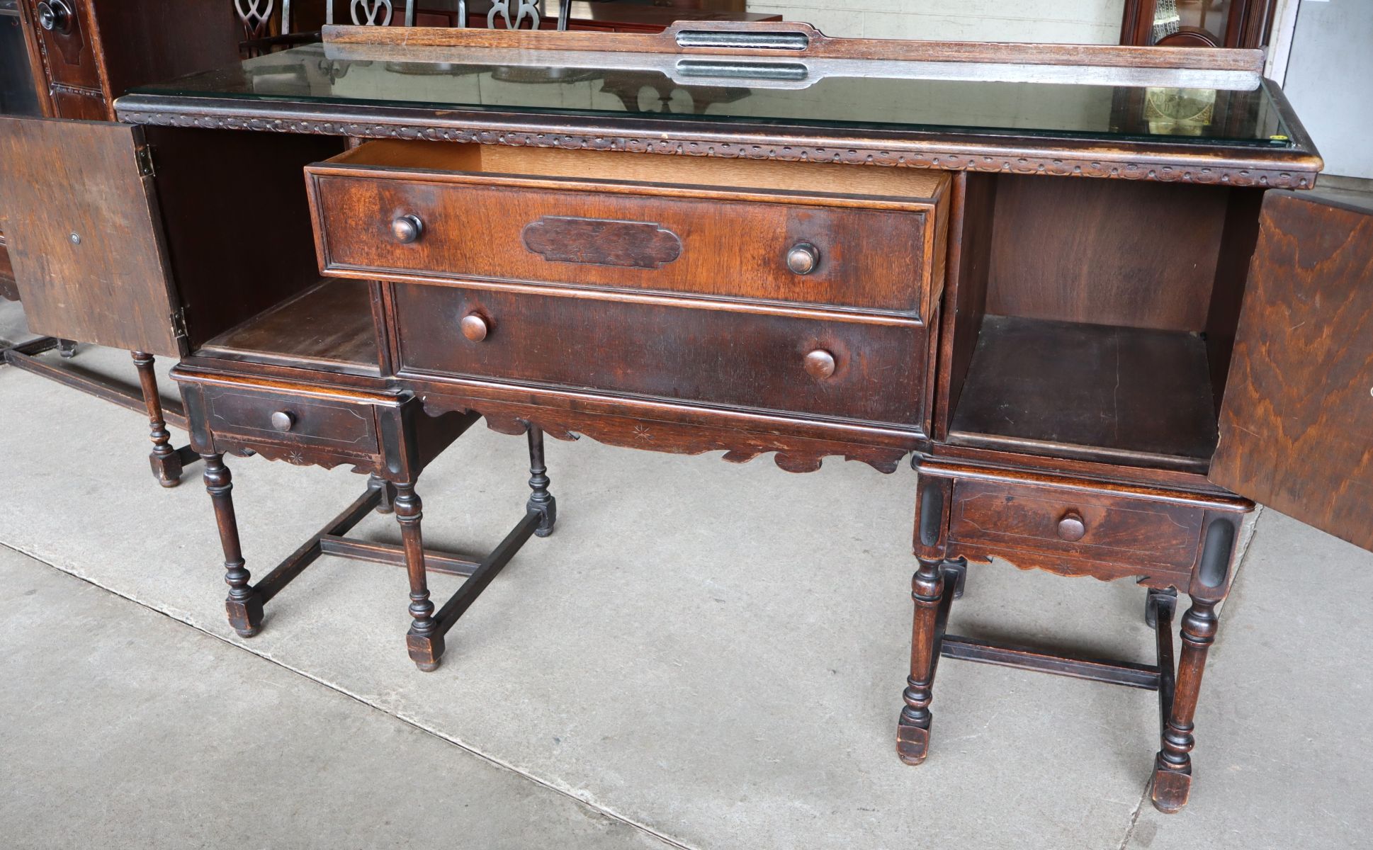 Antique walnut 2 door 4 drawer buffet w/custom glass