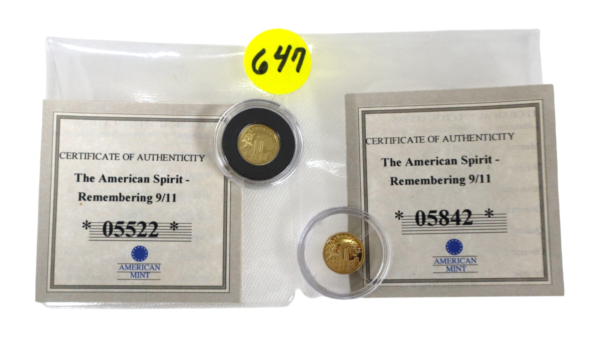 (2) 0.5g .585 Gold 9/11 Liberty & Twin Towers Coins COA