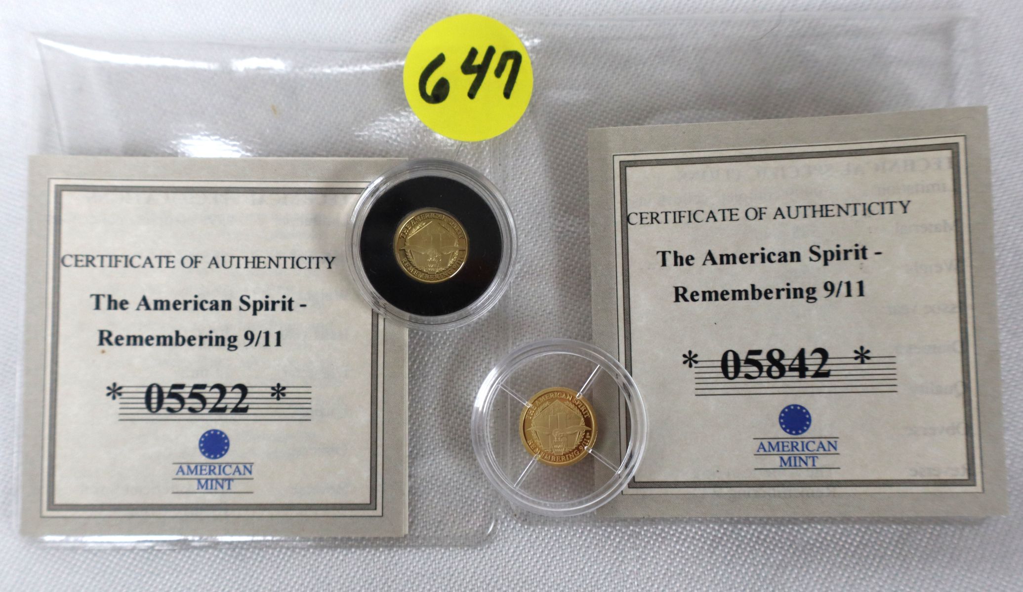 (2) 0.5g .585 Gold 9/11 Liberty & Twin Towers Coins COA