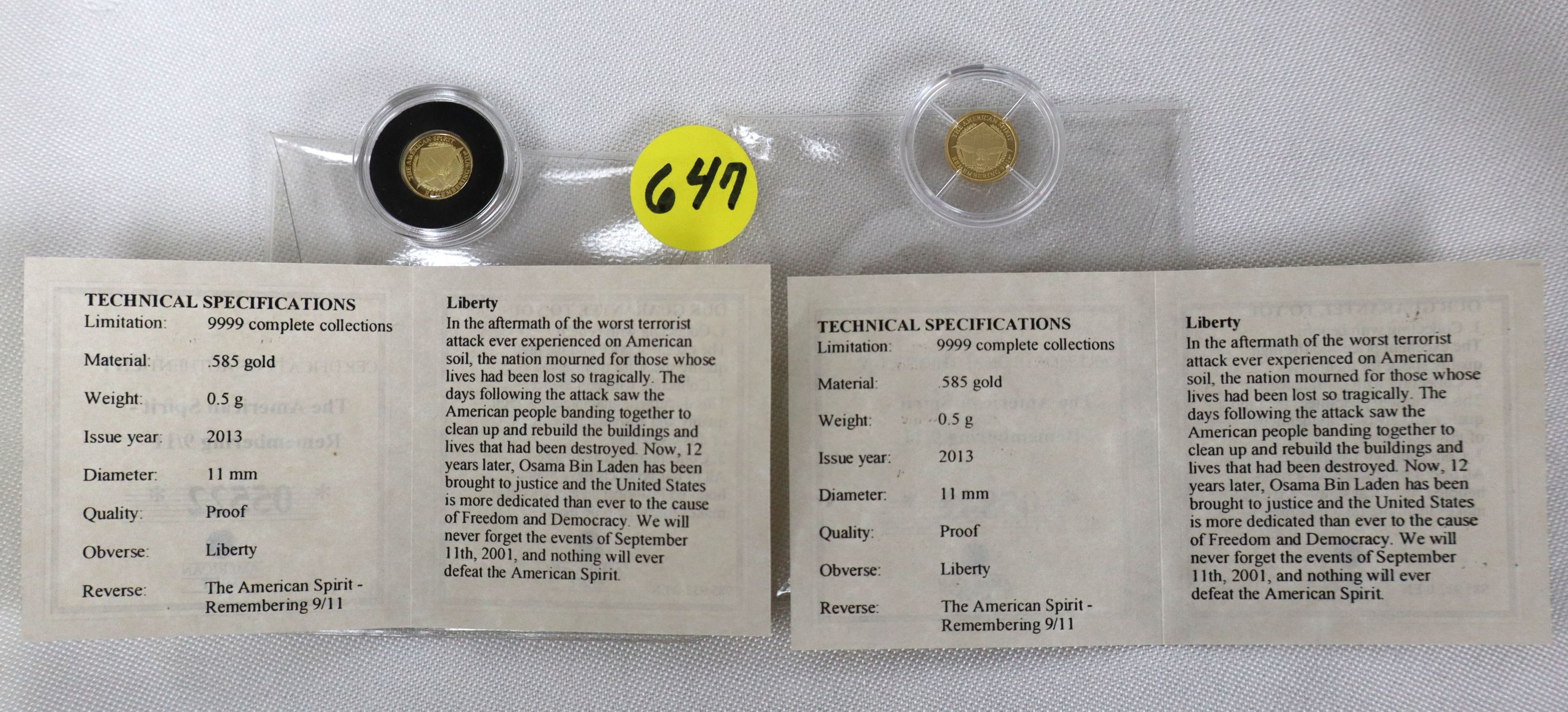 (2) 0.5g .585 Gold 9/11 Liberty & Twin Towers Coins COA