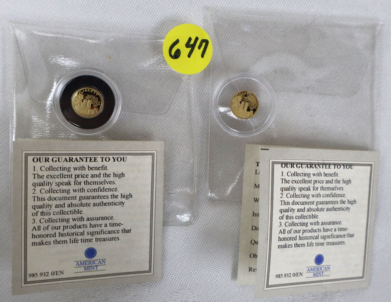(2) 0.5g .585 Gold 9/11 Liberty & Twin Towers Coins COA