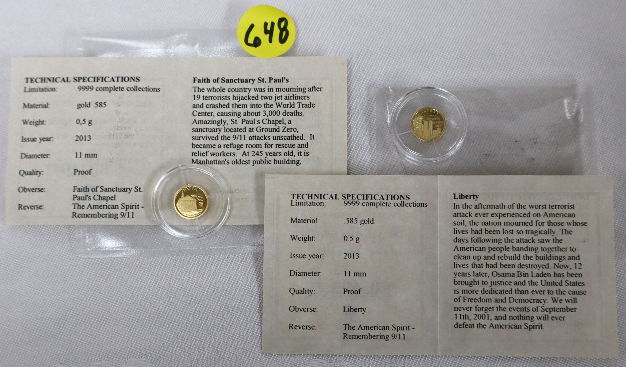 (2) 9/11 Twin Towers Remembering Gold Coins 0.5g COA