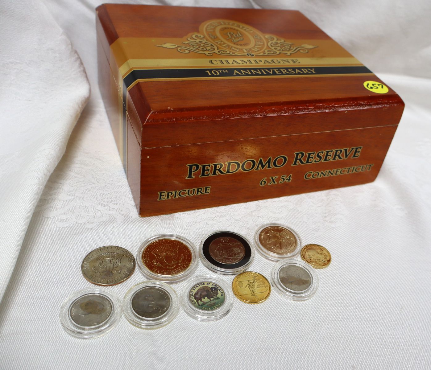 11pc lot: 10 painted halfs, nickels, quarters and Champagne Cigar Box