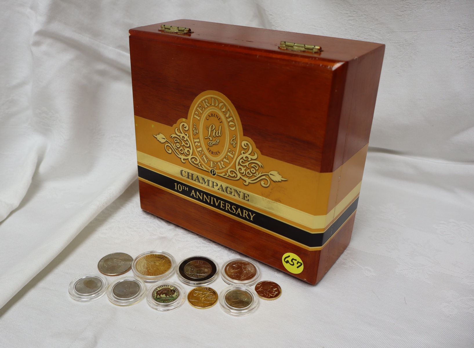 11pc lot: 10 painted halfs, nickels, quarters and Champagne Cigar Box