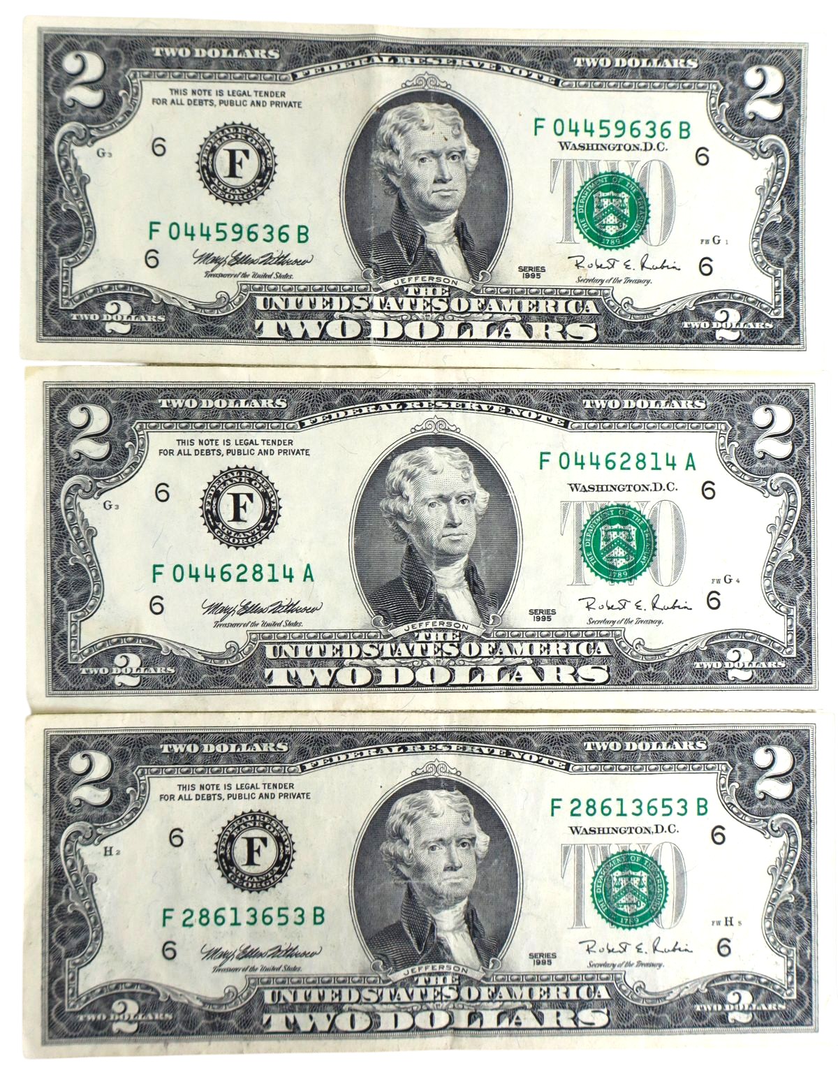 3 US $2 bills 1995 1995 1995