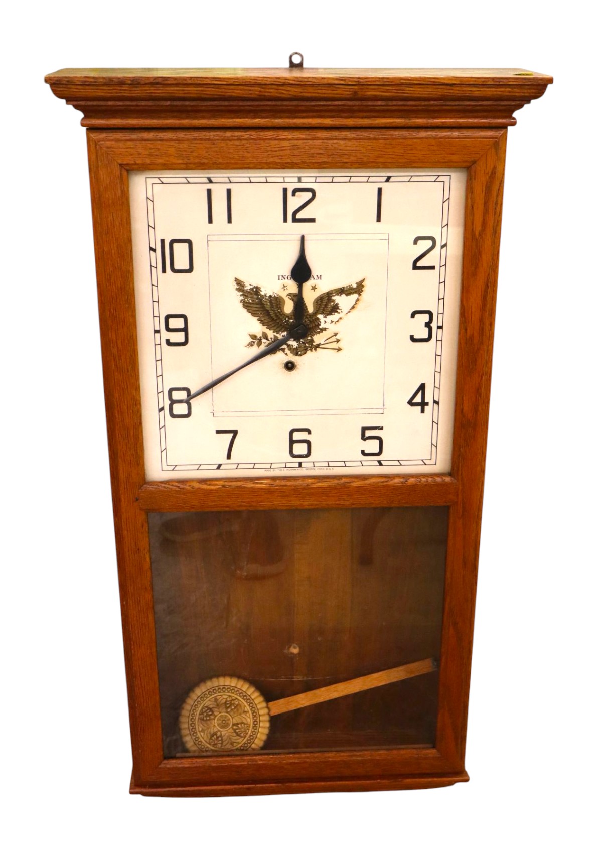 Antique Ingraham Oak Wall Clock, Pendulum, Key