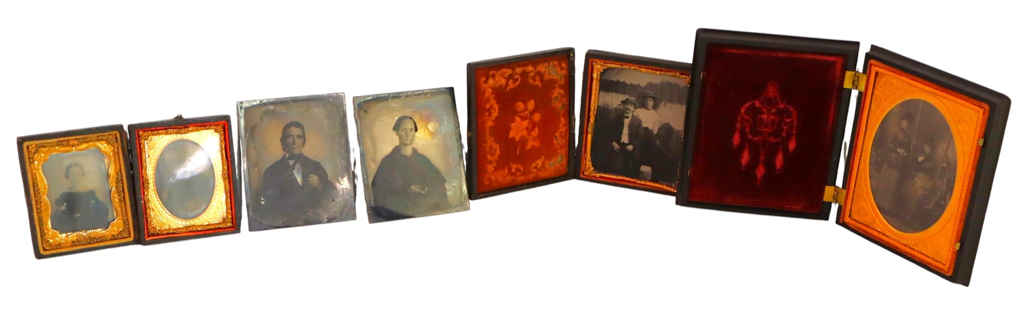 6 antique tin type photos 4 are framed possibly gold