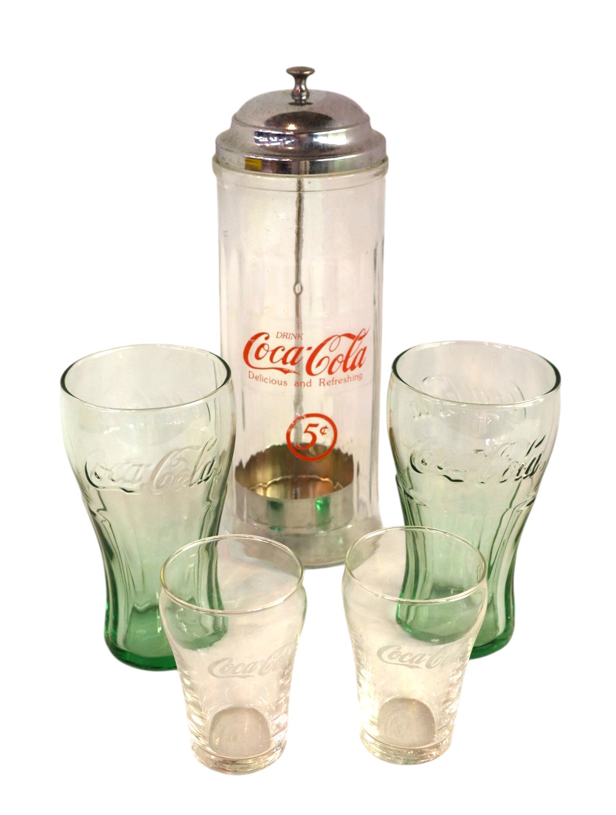 4 Coca-Cola vintage glasses & Straw Container