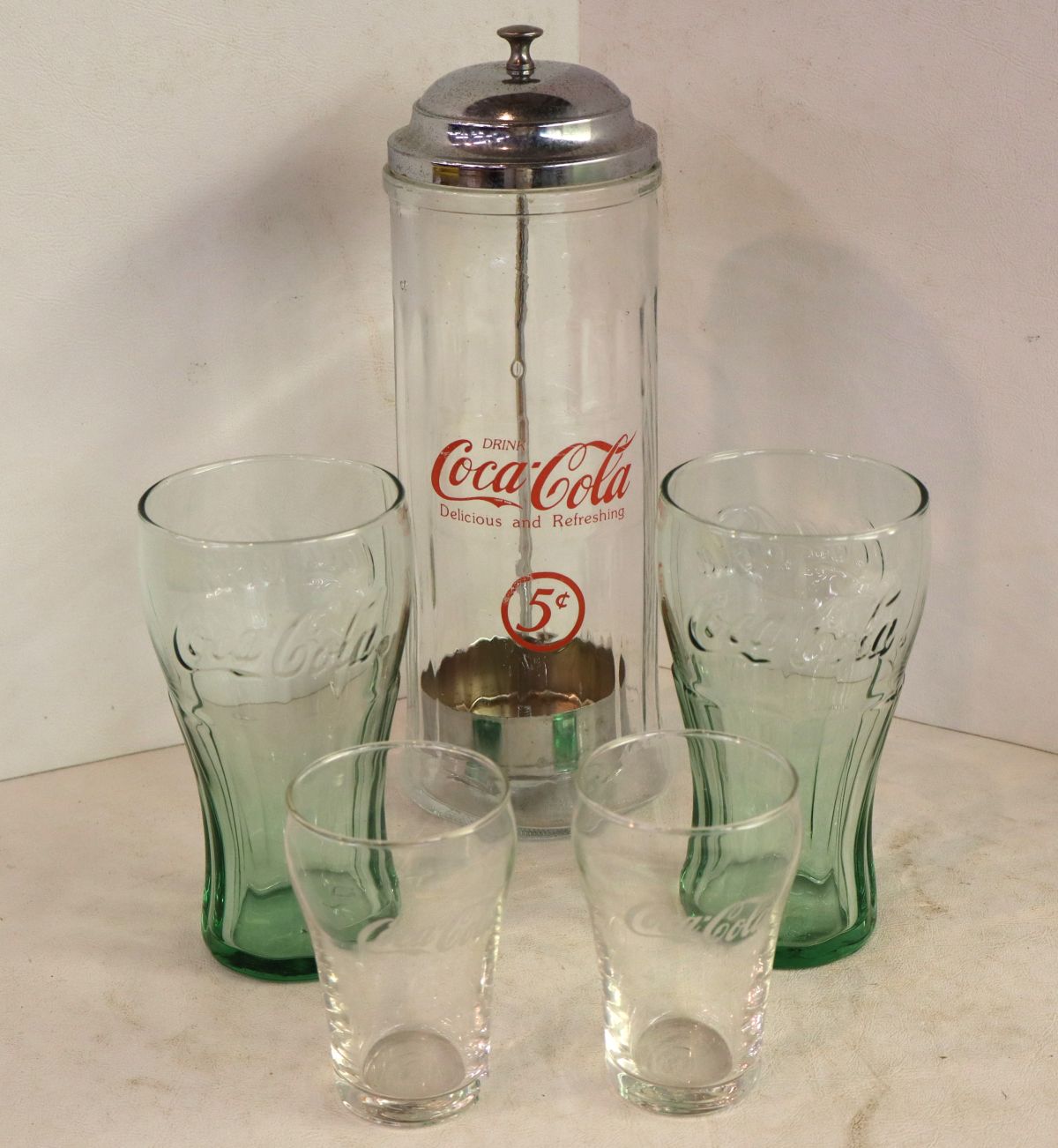 4 Coca-Cola vintage glasses & Straw Container