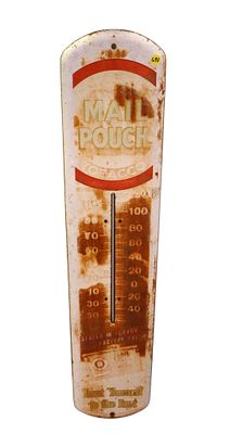Antique mail pouch metal advertisement thermometer with rust and weathering. 38.5"h x 8.25"w