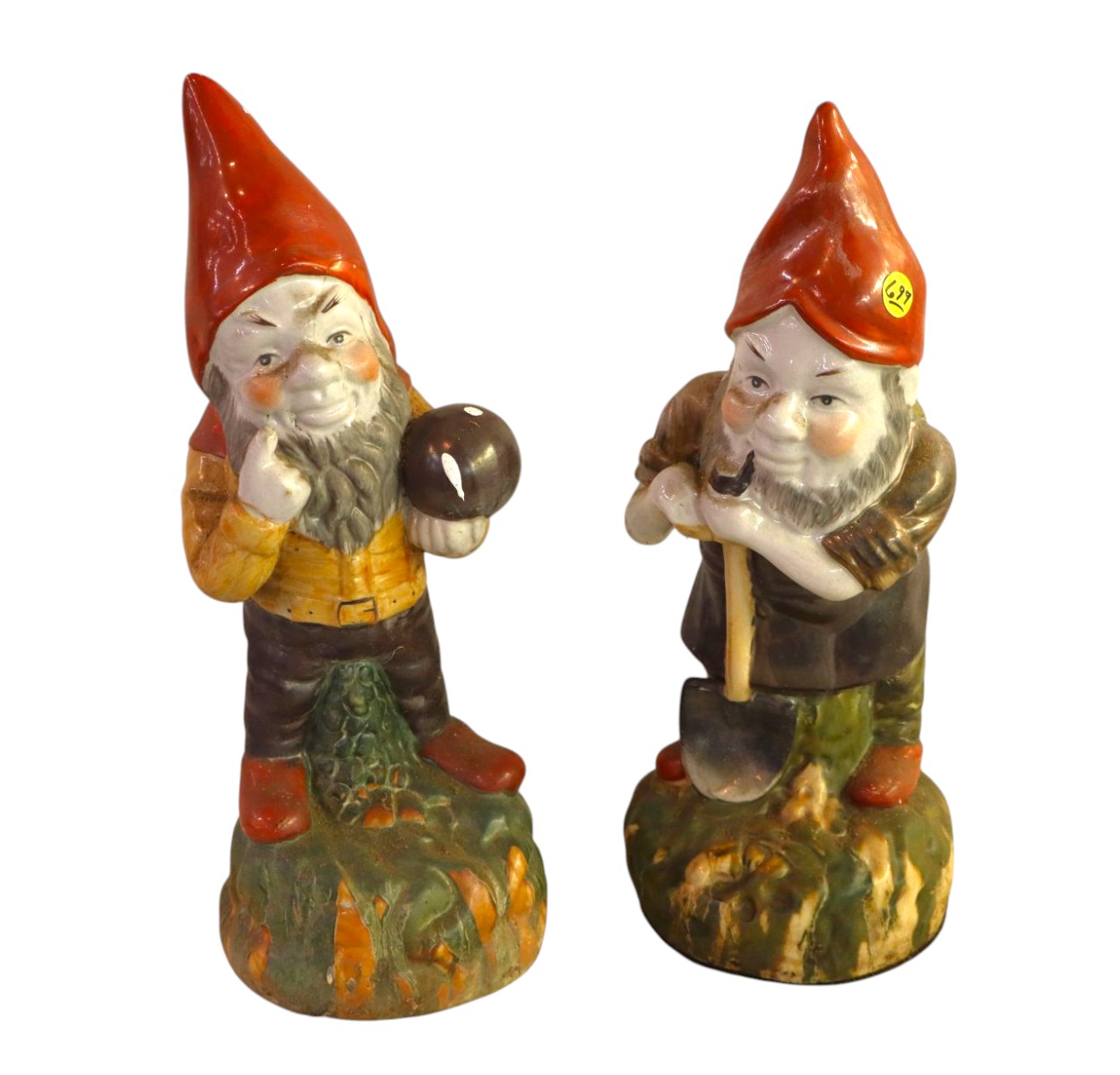2 porcelain painted garden gnomes, original paint