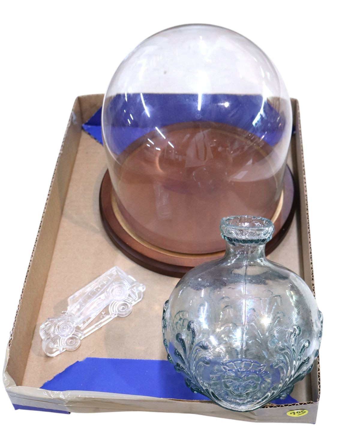 3pc lot: glass dome cheese dish, candy container, lion head jug