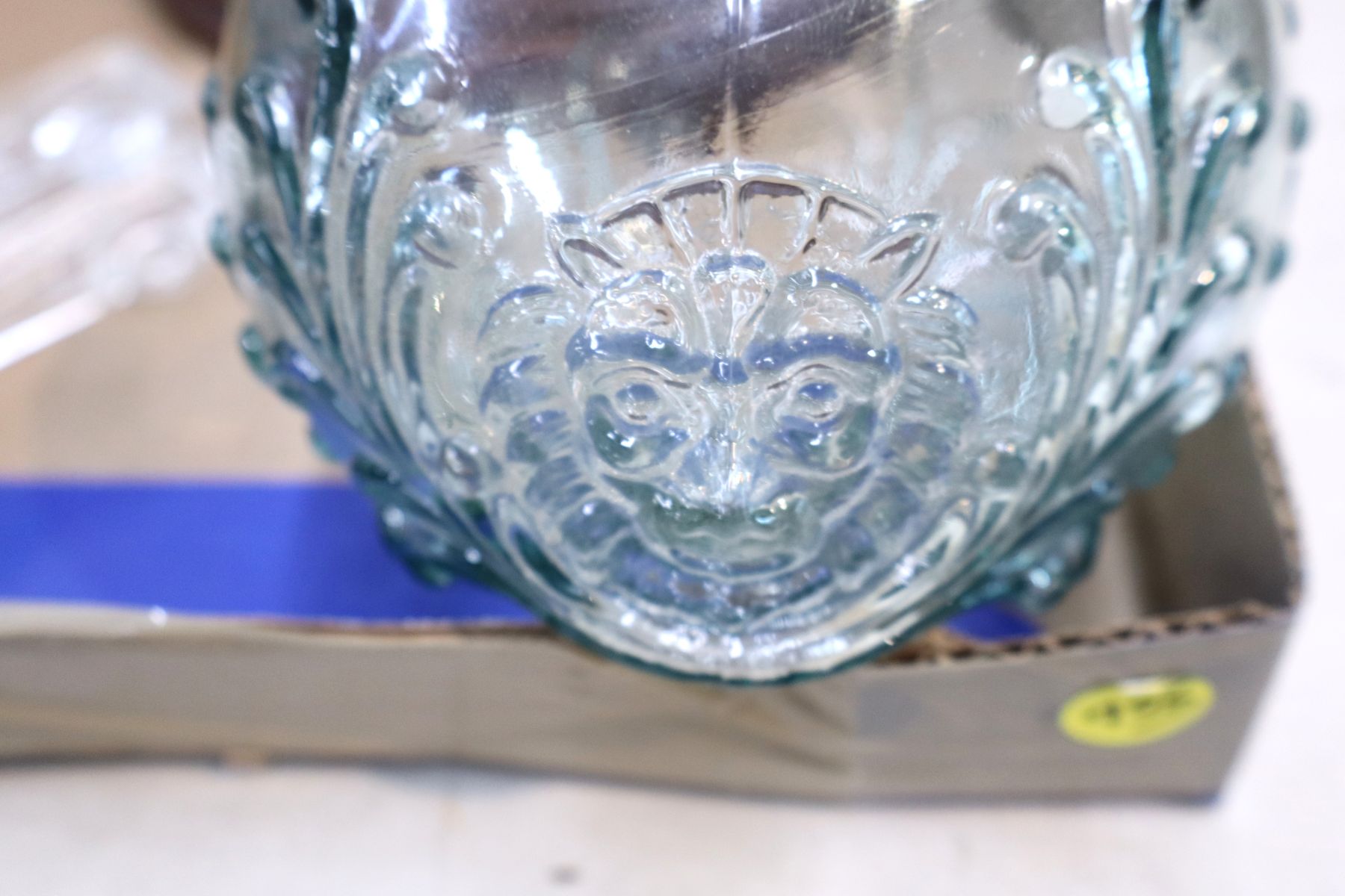3pc lot: glass dome cheese dish, candy container, lion head jug