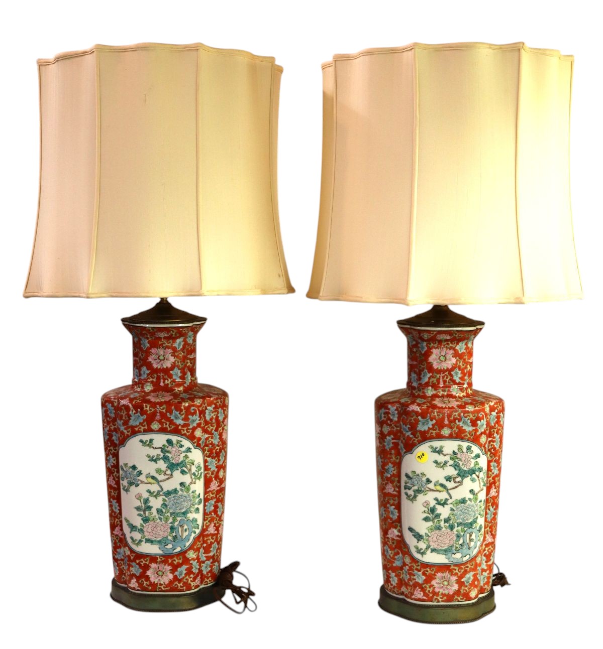 PR VTG Asian paint decorated porcelain lamps & shades