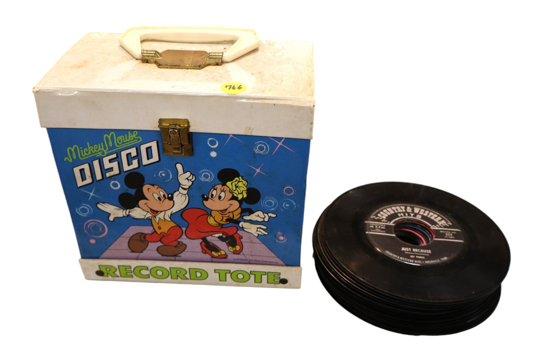 VTG Mickey disco record tote w/books & 45 records