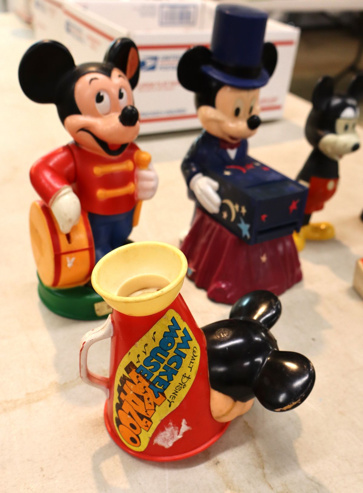 5 vintage Mickey Mouse banks, megaphone and other