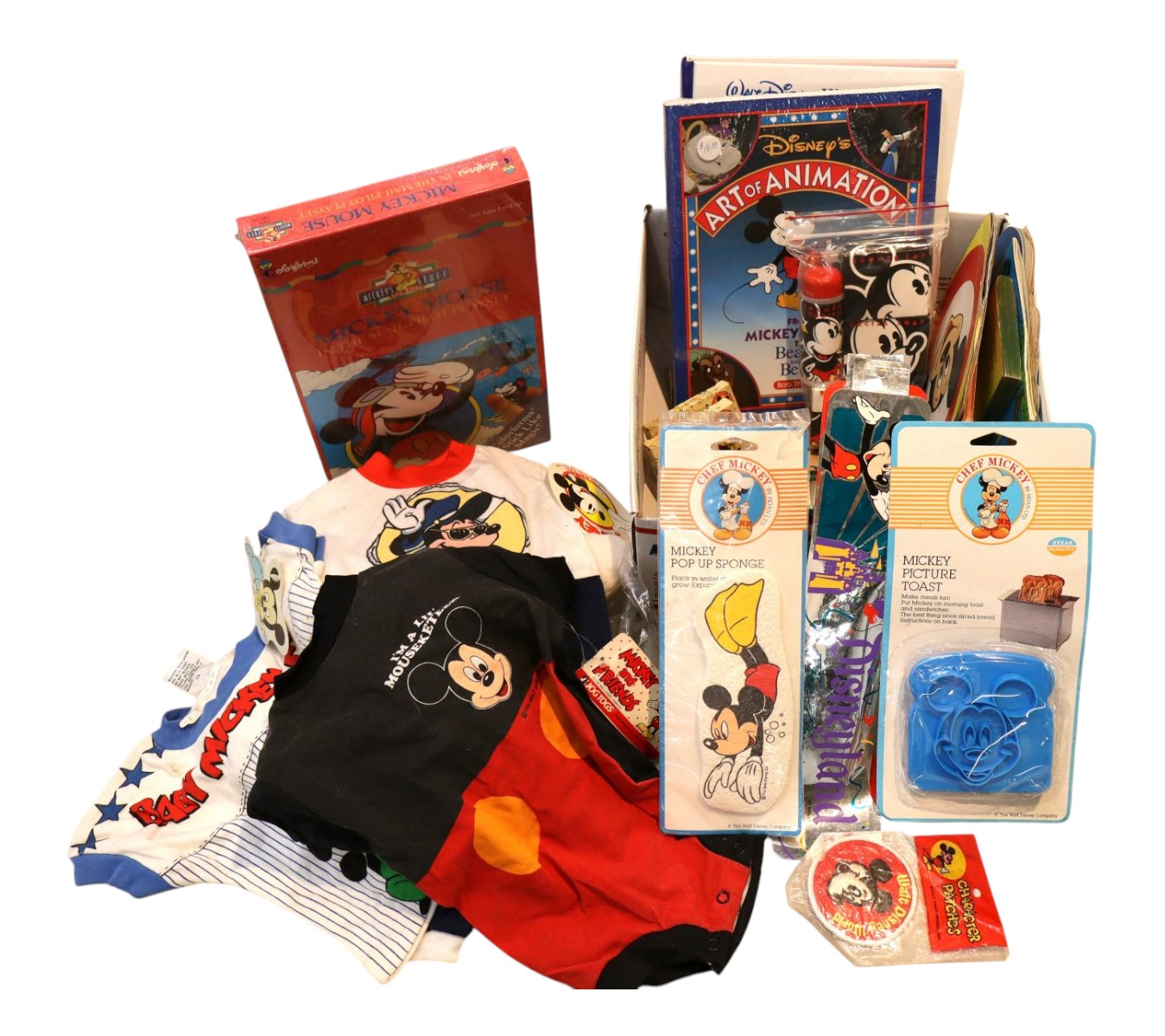 Vintage selection of Mickey Mouse books, toys and other