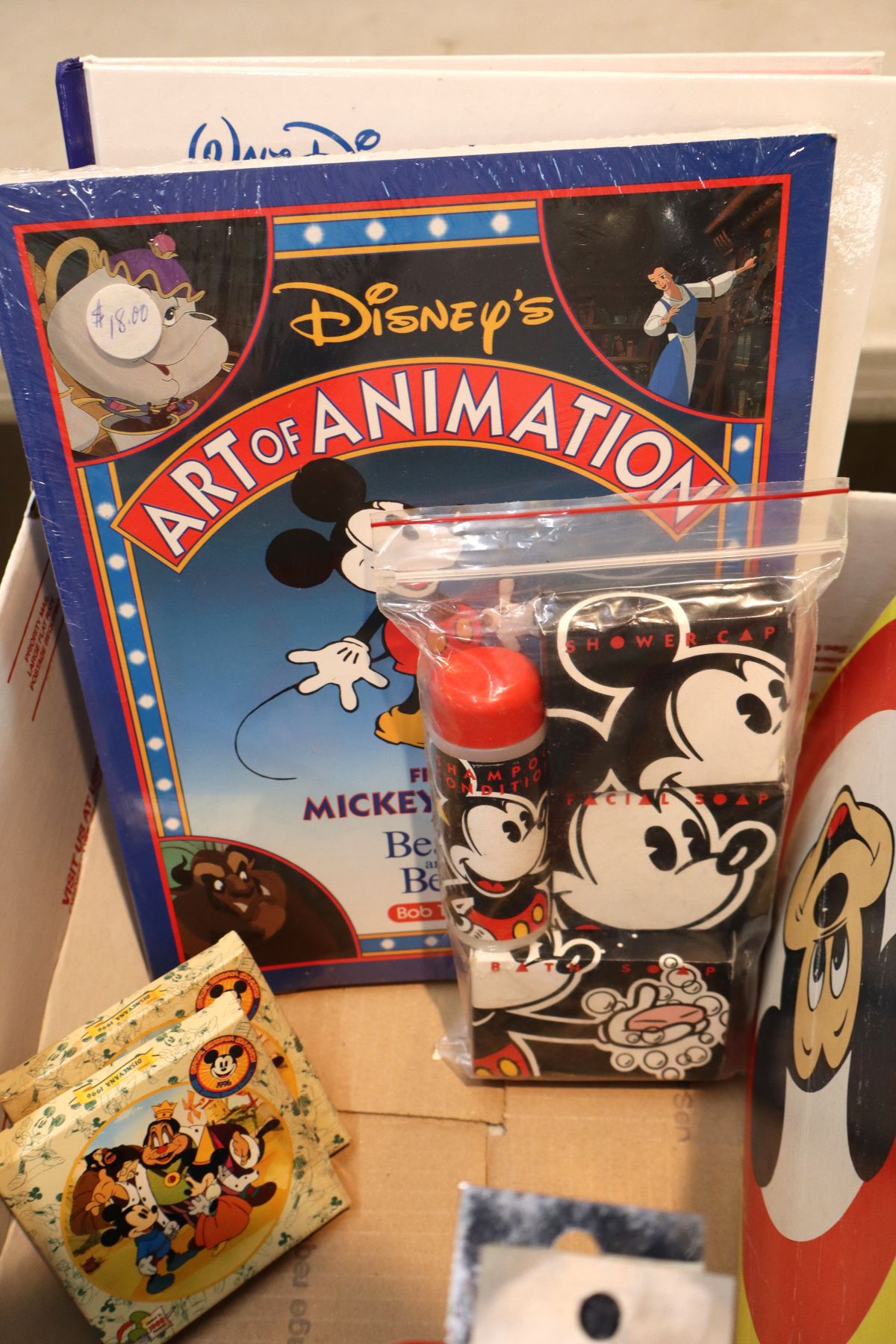 Vintage selection of Mickey Mouse books, toys and other