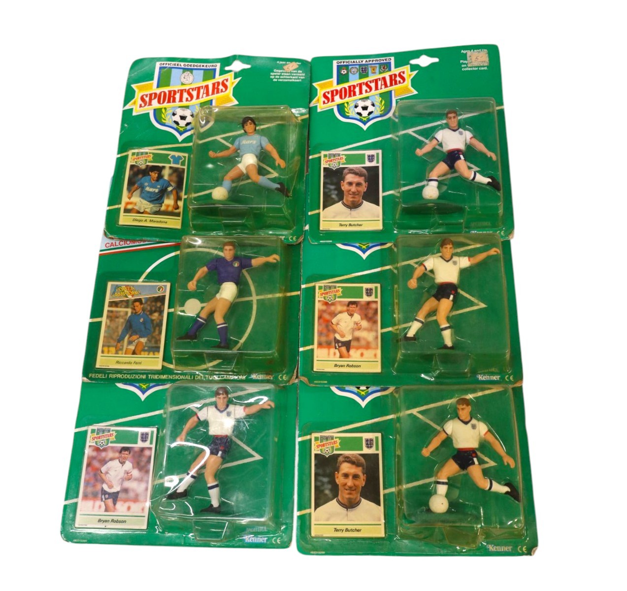 6 vintage soccer action figures with trading cards