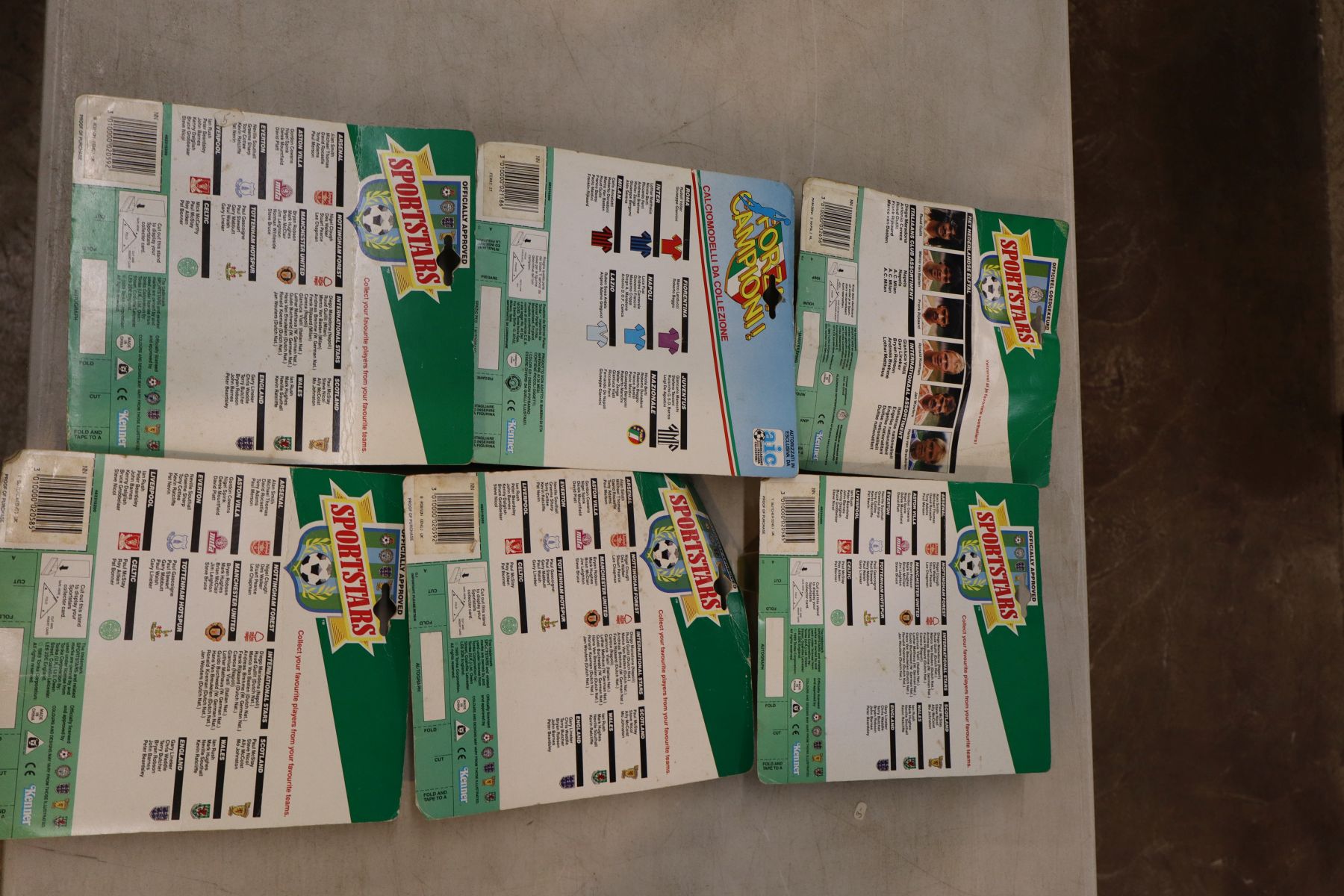6 vintage soccer action figures with trading cards