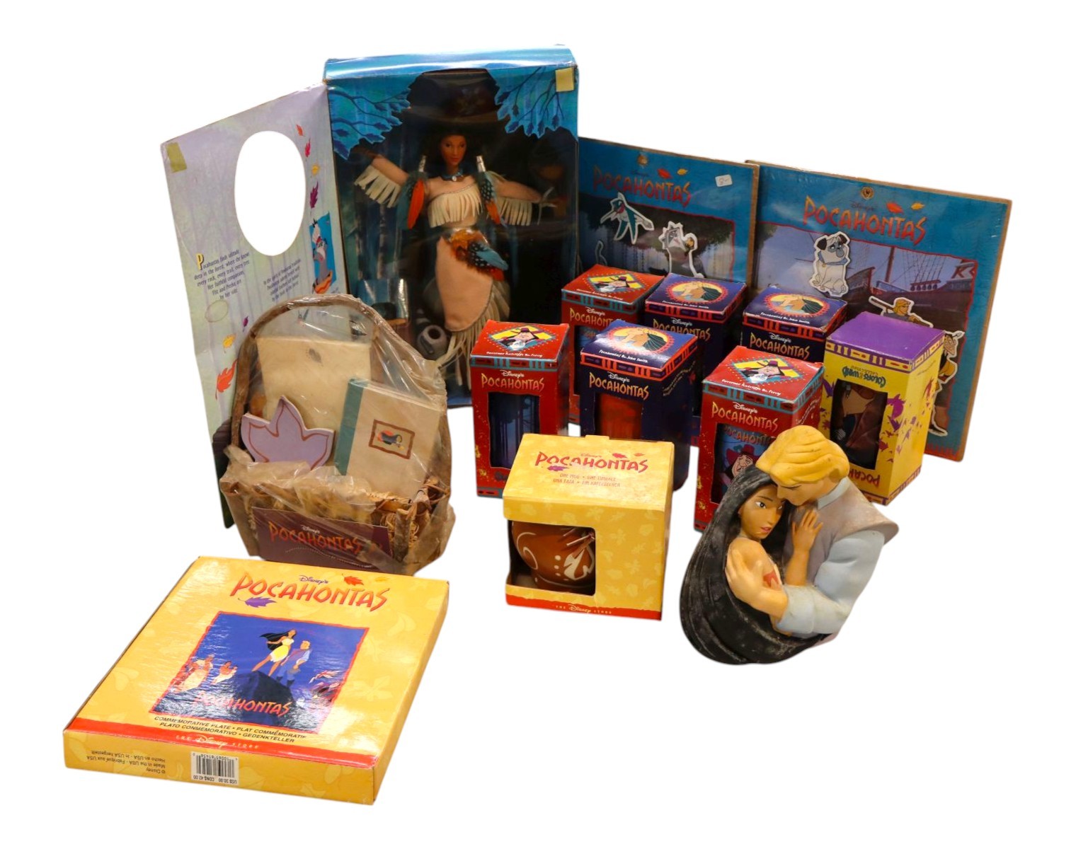 VTG Disney Pocahontas doll, mugs, books orig boxes & other