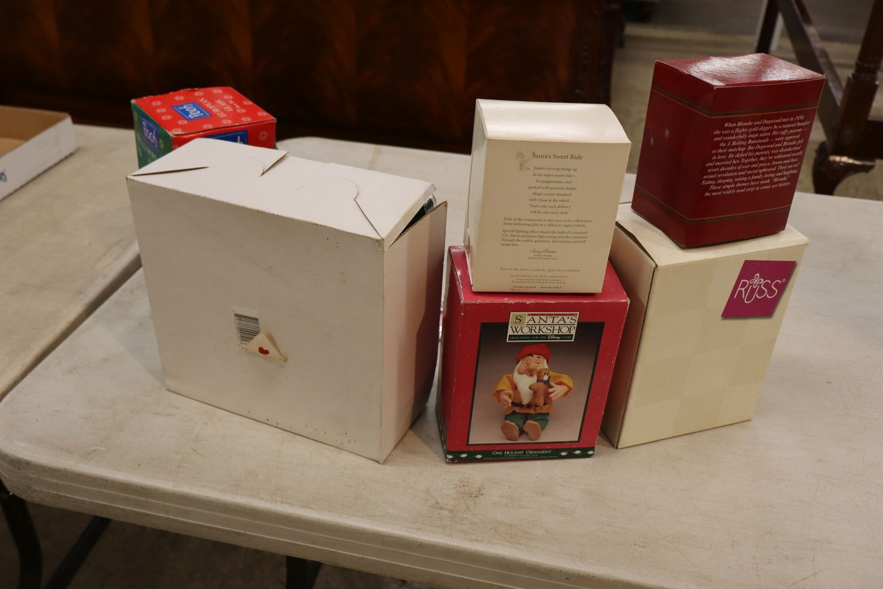 Vintage Christmas ornaments and decorations in boxes