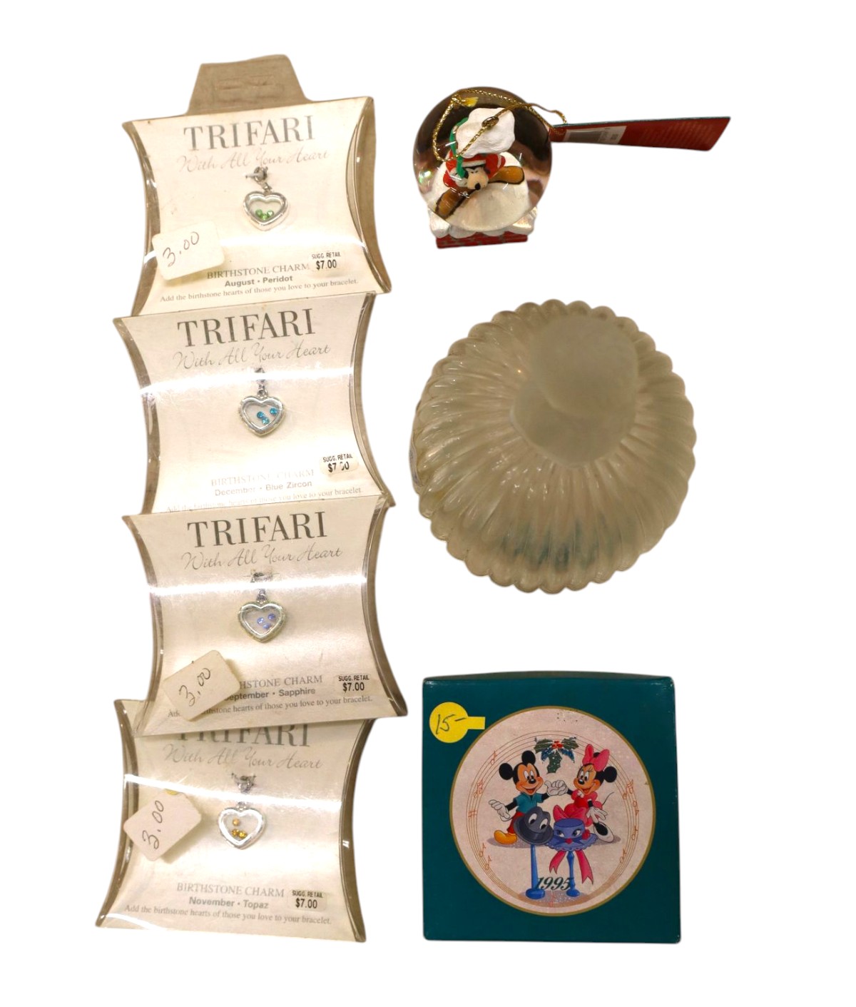 4 VTG Trifari pendants, snow globe, crystal bell, Minie Mouse plate