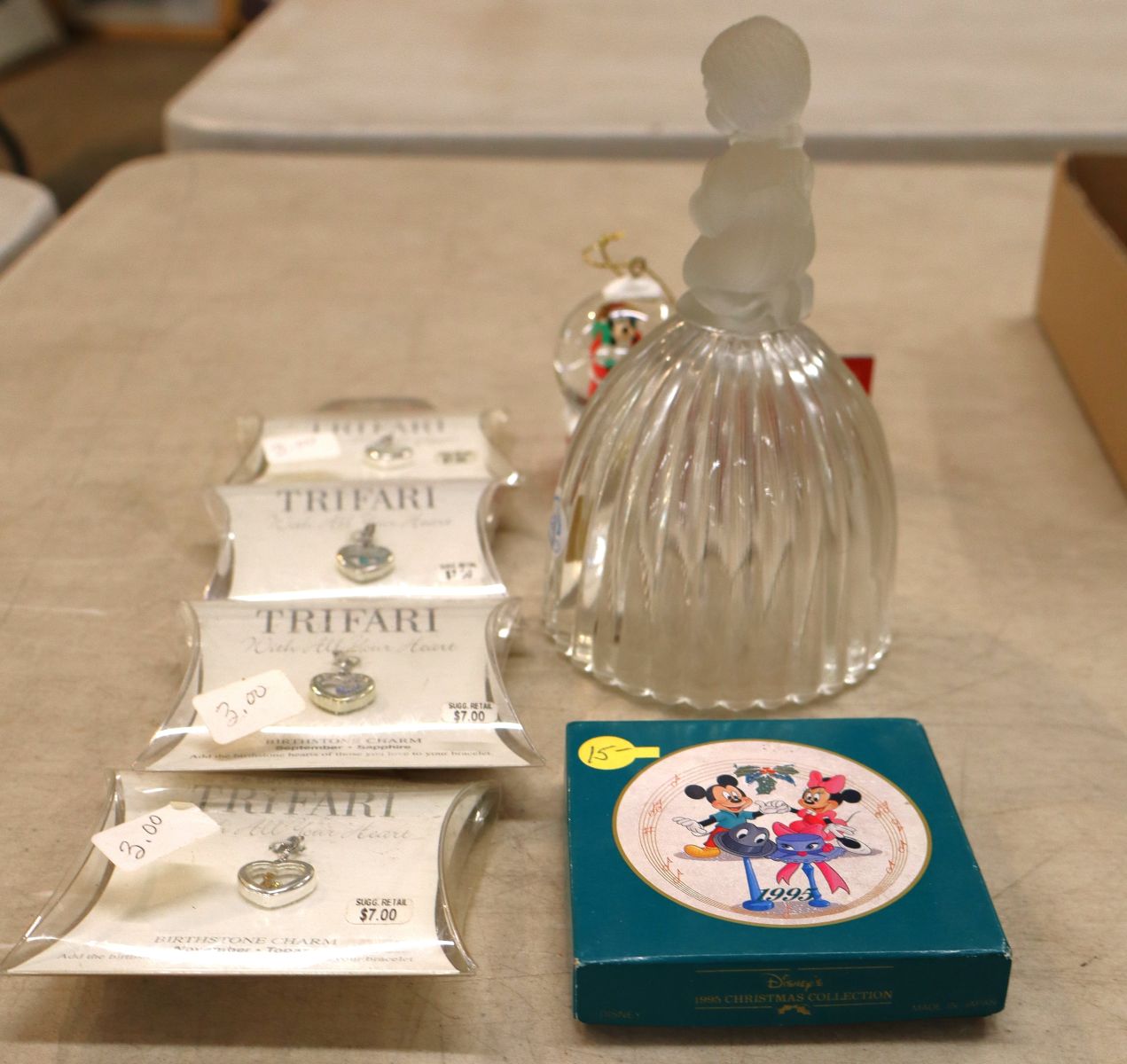 4 VTG Trifari pendants, snow globe, crystal bell, Minie Mouse plate