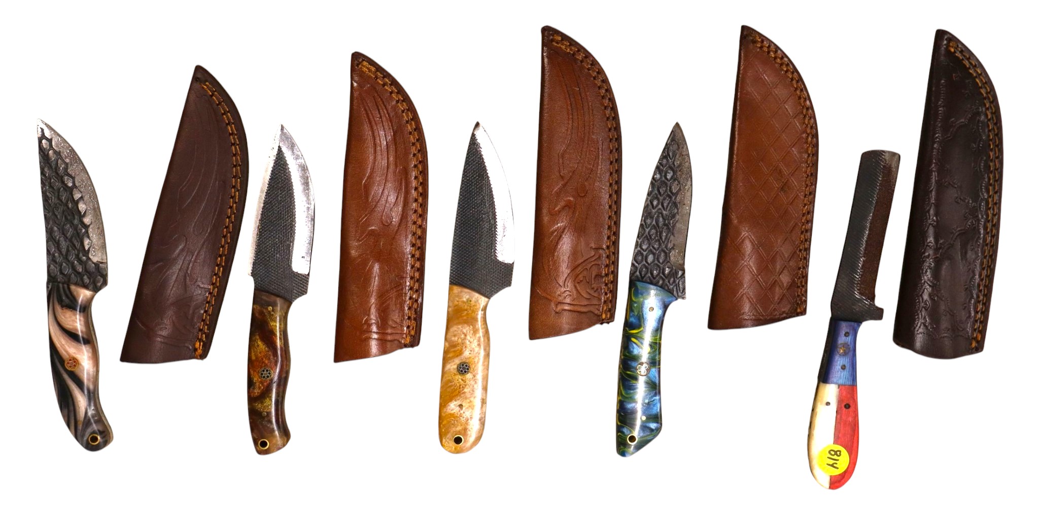 5 hand crafted damascus knives, sheaths w/belt loops