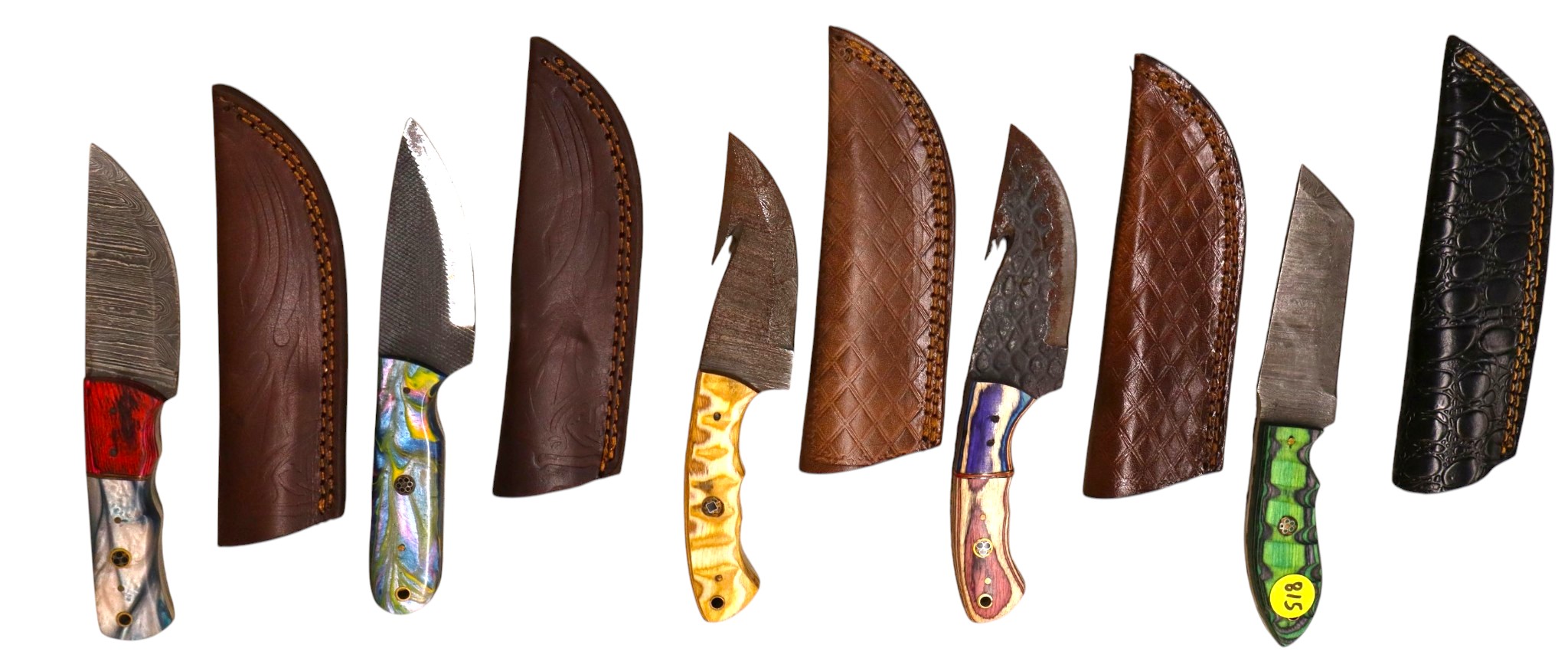 5 hand crafted damascus knives, sheaths w/belt loops