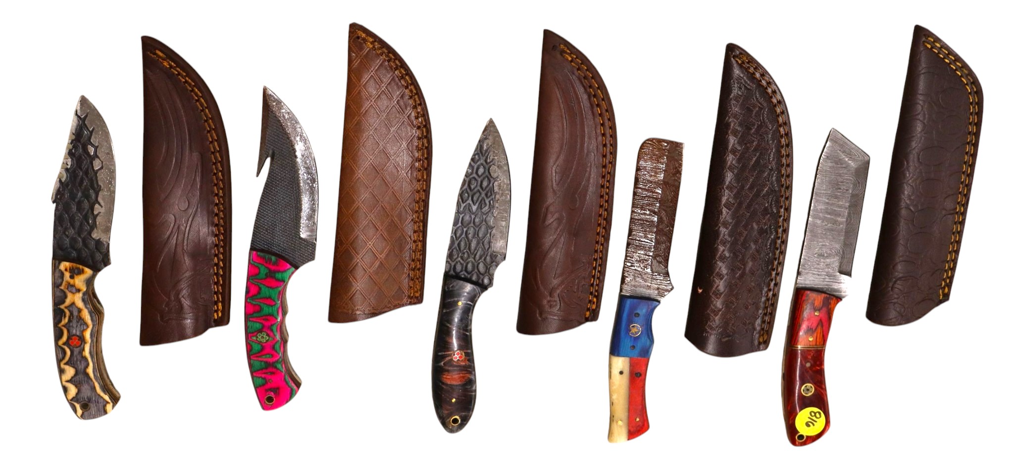5 hand crafted damascus knives, sheaths w/belt loops