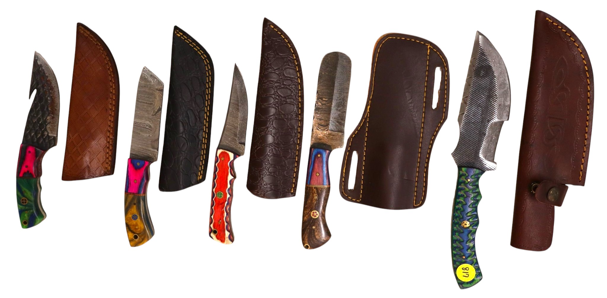 5 hand crafted damascus knives, sheaths w/belt loops