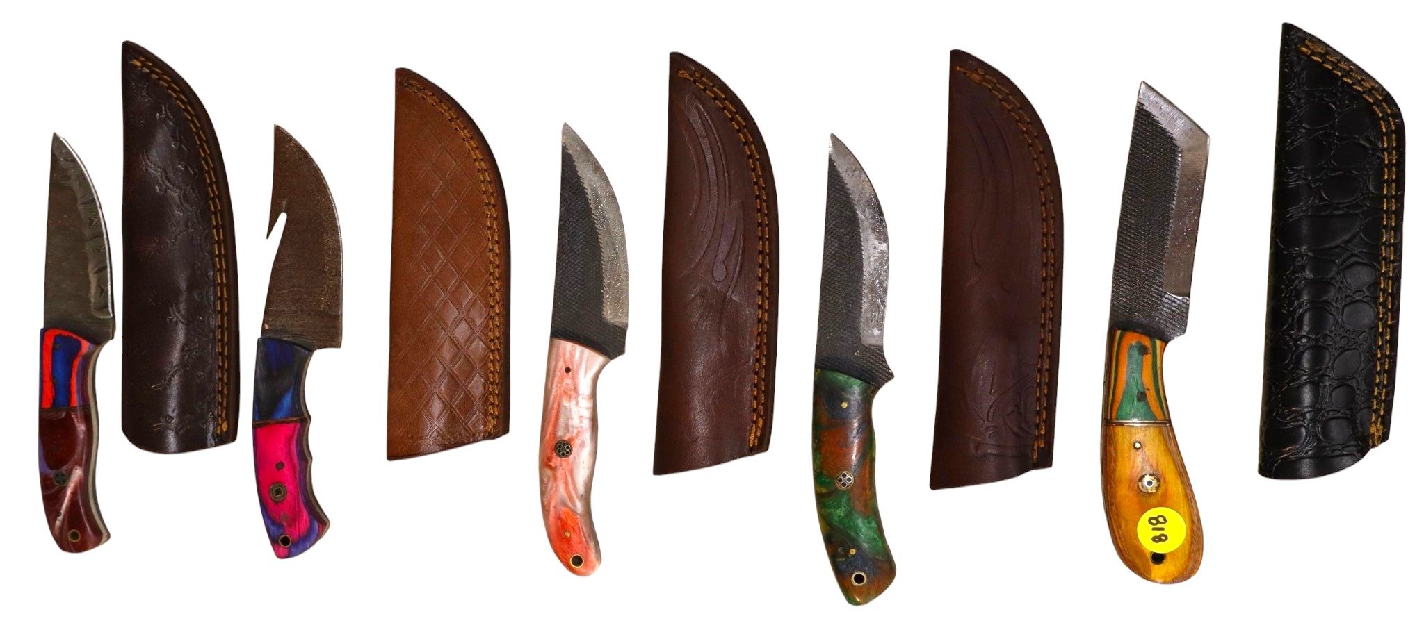 5 hand crafted damascus knives, sheaths w/belt loops