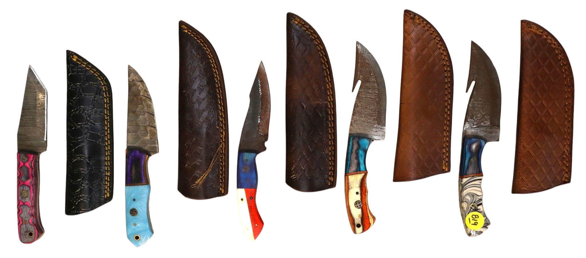 5 hand crafted damascus knives, sheaths w/belt loops