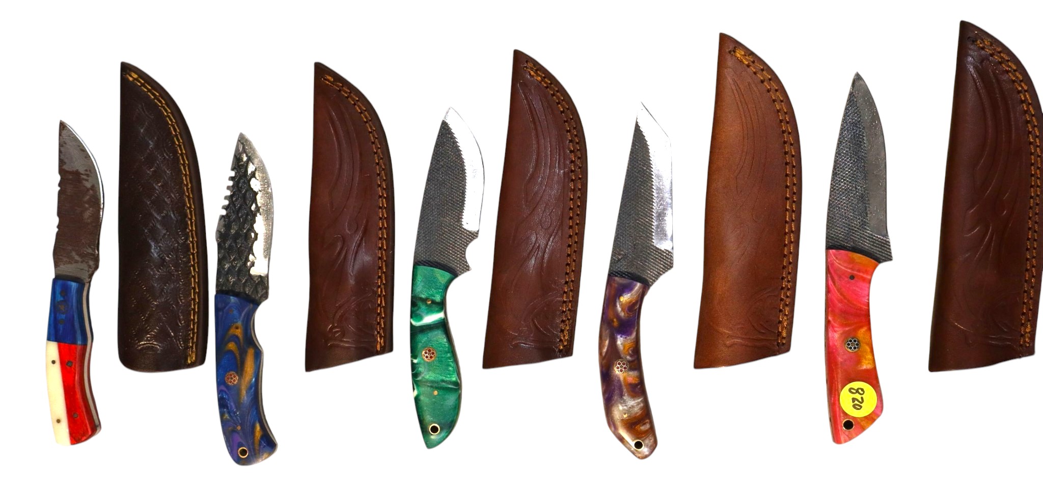 5 hand crafted damascus knives, sheaths w/belt loops