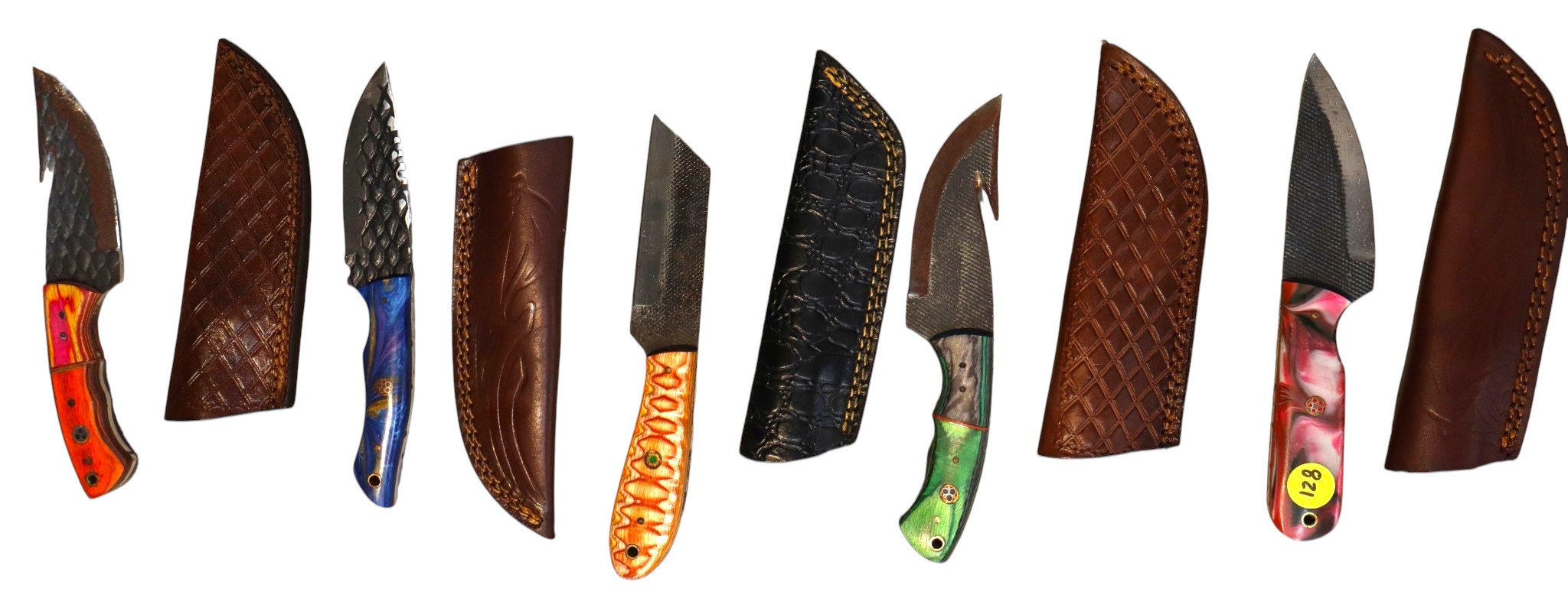 5 hand crafted damascus knives, sheaths w/belt loops