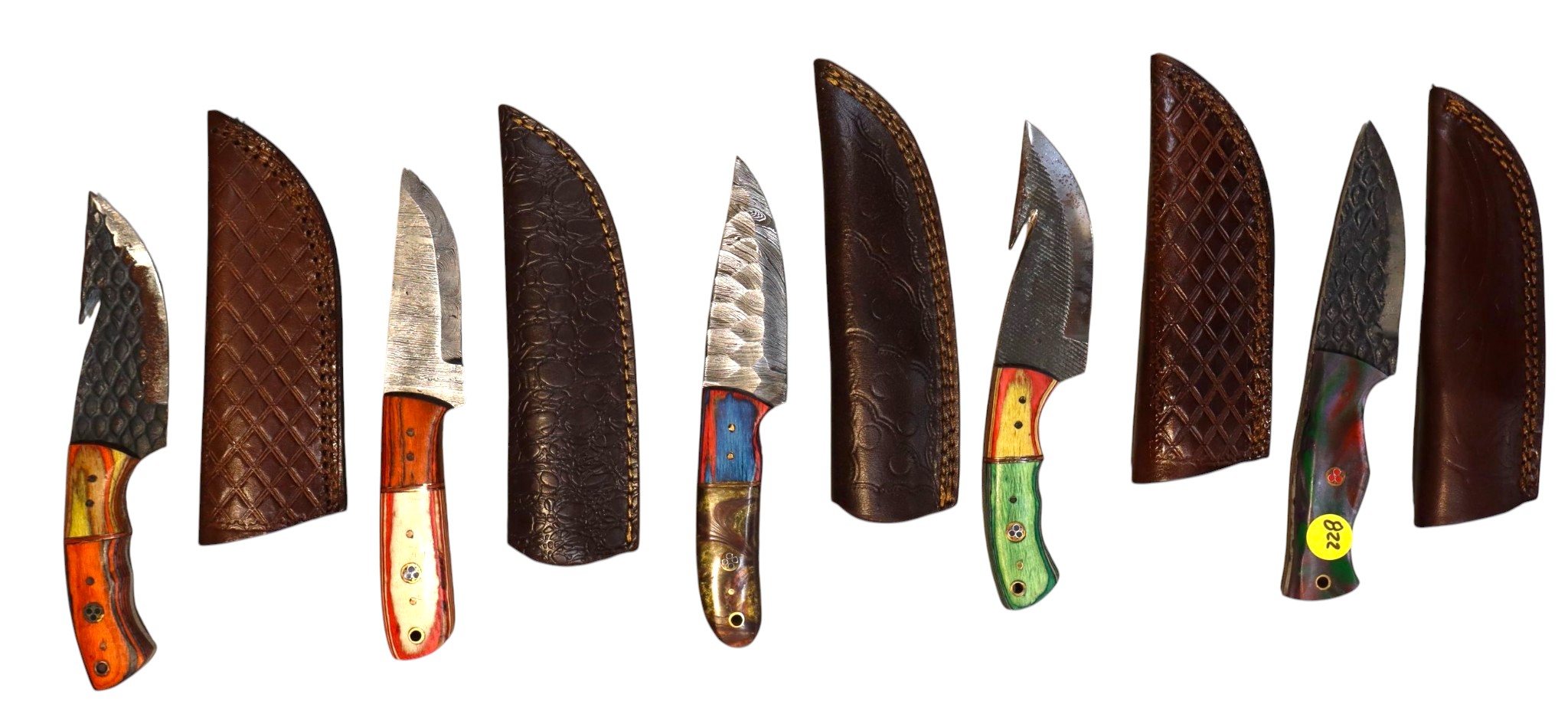 5 hand crafted damascus knives, sheaths w/belt loops