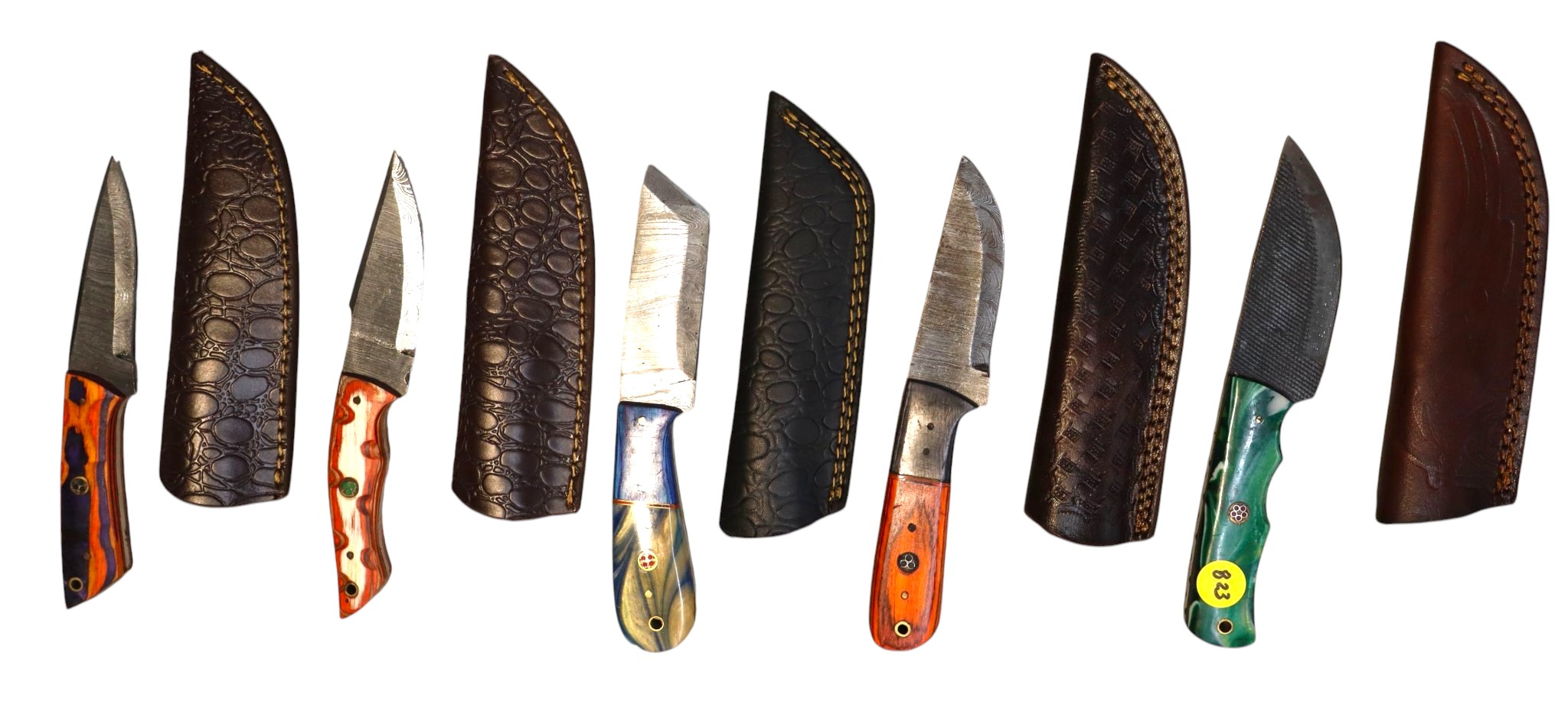 5 hand crafted damascus knives, sheaths w/belt loops