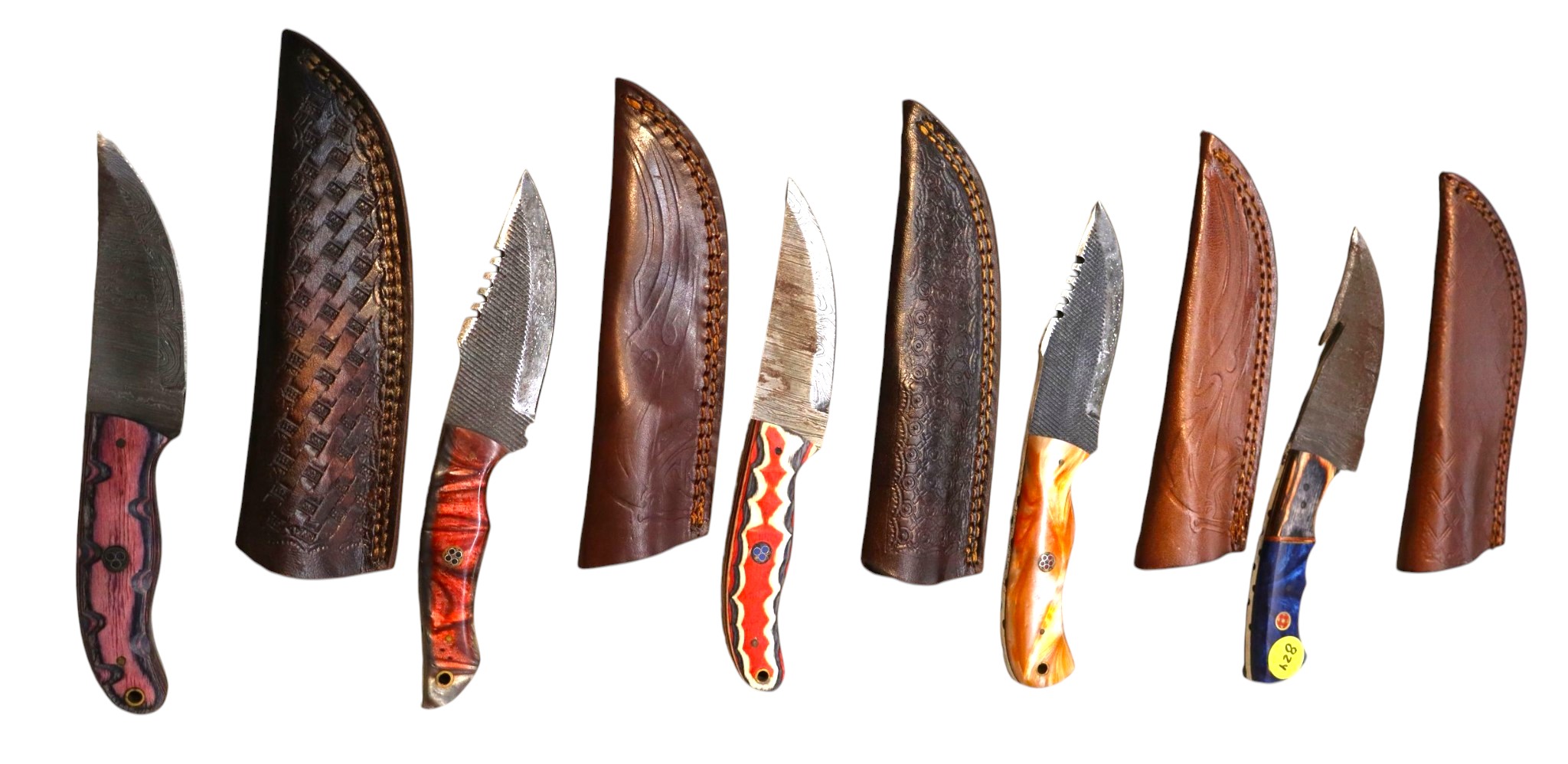 5 hand crafted damascus knives, sheaths w/belt loops