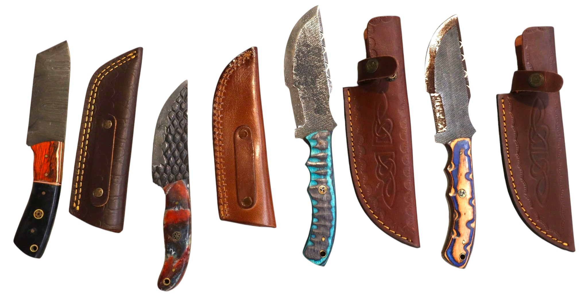 4 hand crafted damascus knives, sheaths w/belt loops