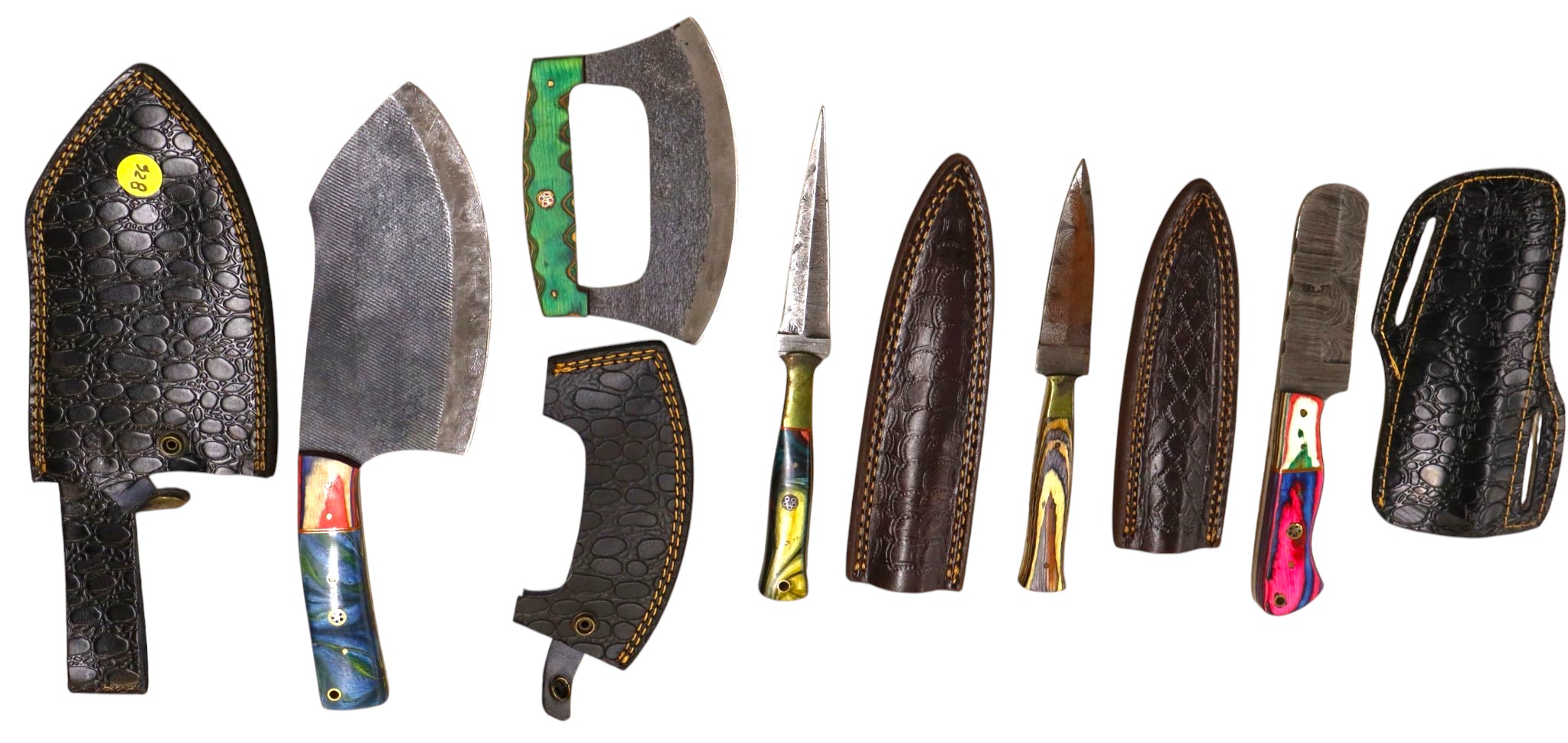 5 hand crafted damascus cleavers, chopper, daggers