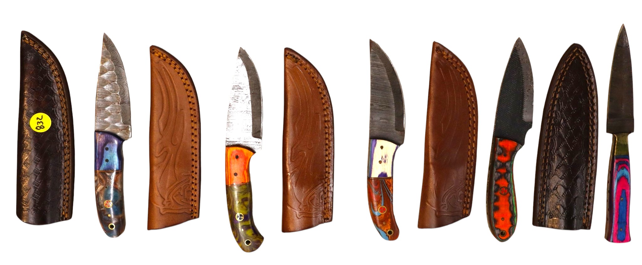 5 hand crafted damascus knives, sheaths w/belt loops