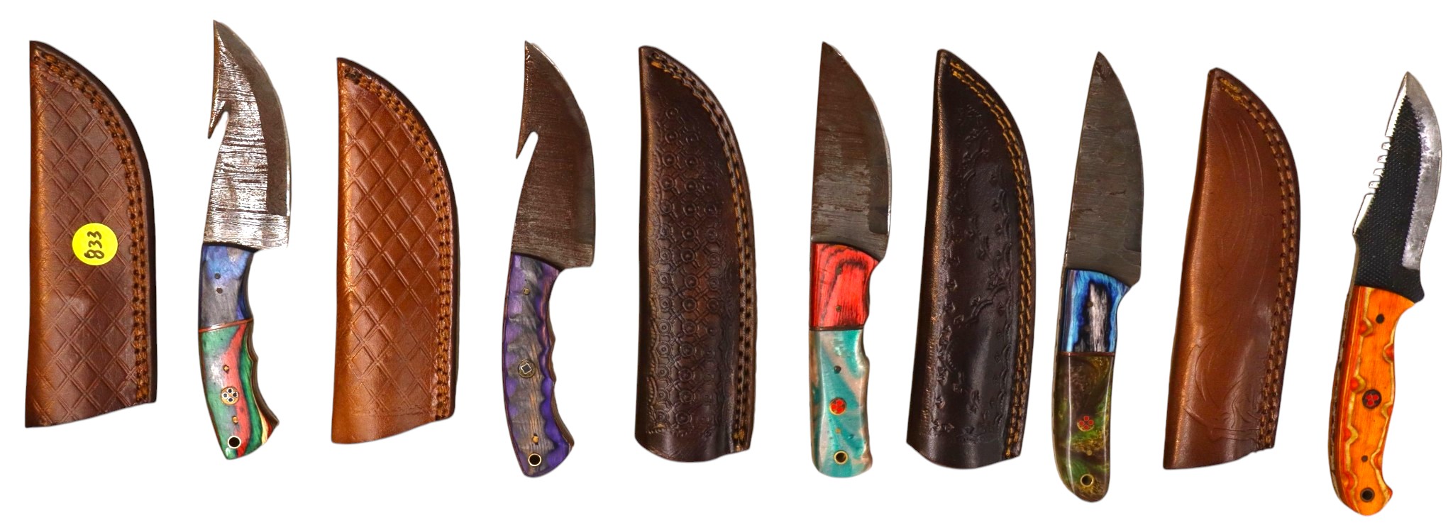 5 hand crafted damascus knives, sheaths w/belt loops